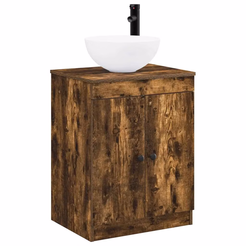 Set di mobili per il bagno moderno vidaXL in legno e metallo color rovere fumo marrone con ante a battente e ripiani interni freestanding – 2