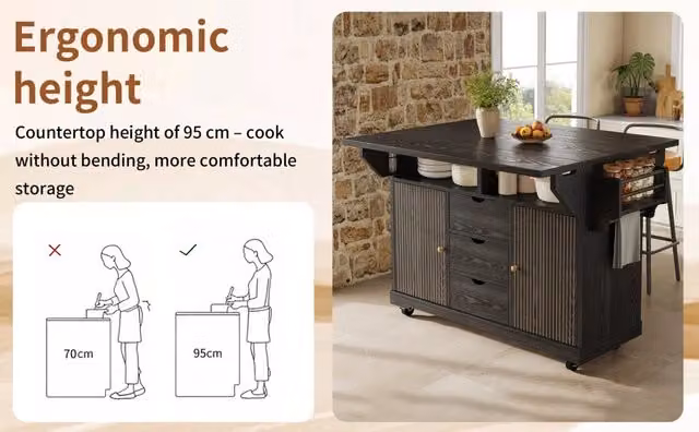 Carrello da cucina con cassetti e ruote bloccabili ¨C Minimal ¨C Nero, 95cm altezza ergonomica, prolunga tavolo