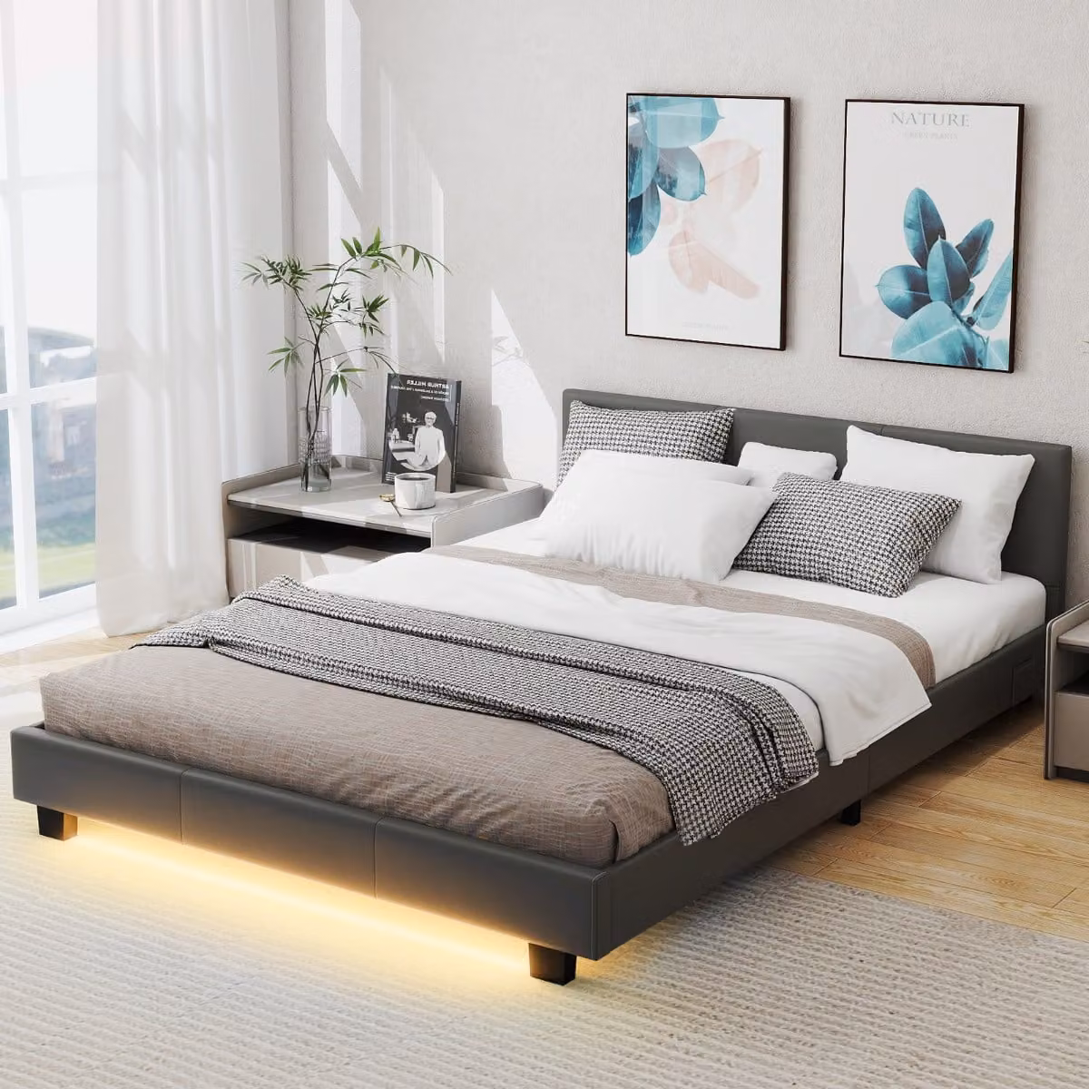 Costway Letto matrimoniale moderno con struttura imbottita in tessuto e illuminazione sottostante, Grigio