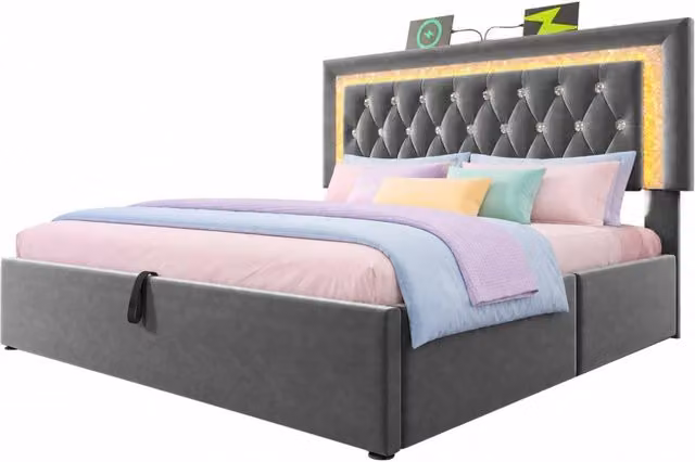 Letto matrimoniale 160x200 cm con contenitore idraulico; LED; USB e USB-C in velluto grigio