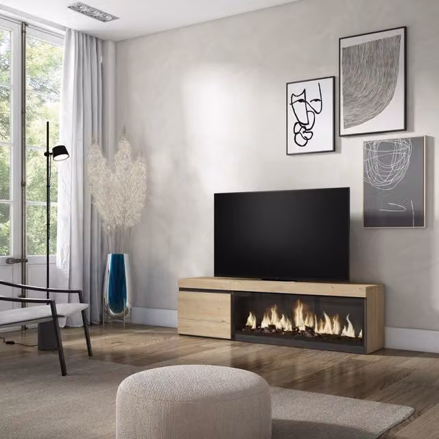 Mobile TV Soggiorno, 158x35x45cm, Per TV fino a 65", Camino elettrico XXL, colore Rovere RF3250