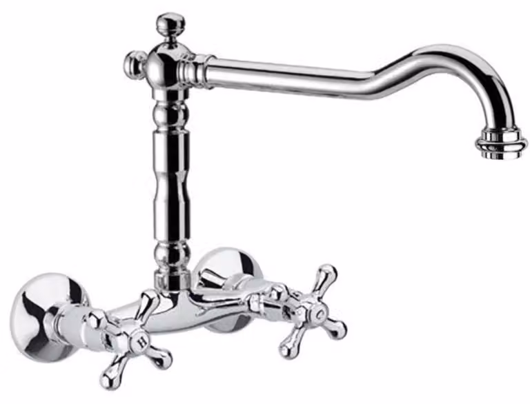 Schläfer 3460112 | Rubinetto Lavello Cucina a Muro con 2 Manopole Stile Antico, Canna Girevole Universale a U da 200mm, Risparmio Acqua, Finitura Cromata, Design Vintage