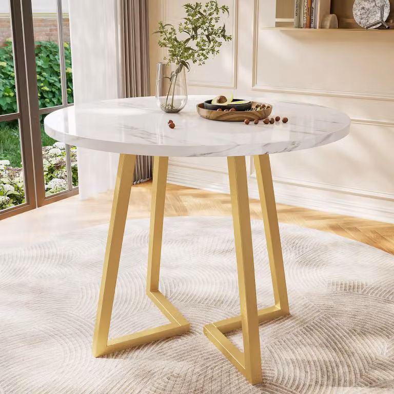 Tavolo da pranzo rotondo Fortuna Lai (1 pezzo), tavolo da cucina, struttura in metallo unica, tavolo da pranzo con moderno motivo marmorizzato, adatto per sala da pranzo, soggiorno, bianco/oro