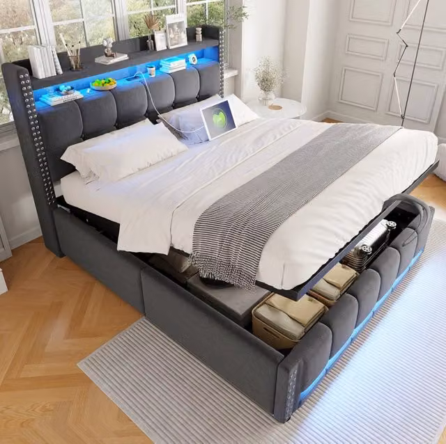 Letto imbottito 140x200 cm grigio in tessuto con LED, USB e contenitore