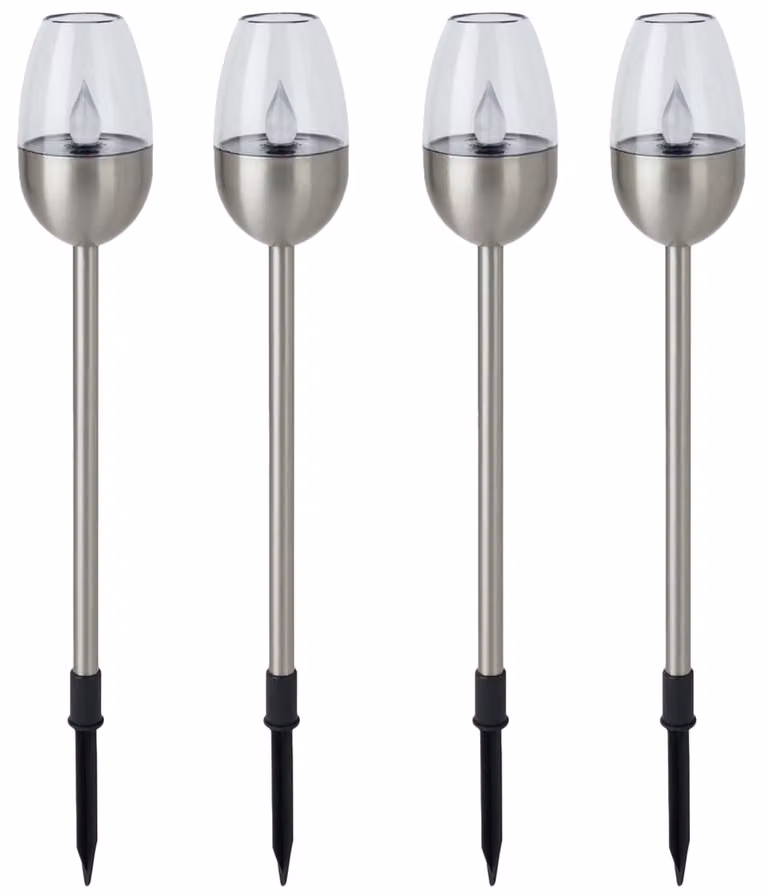 Set di 4 lampade solari "Flame", diametro 6,1 cm, acciaio inossidabile, colore argento