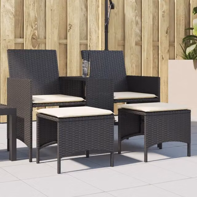 Divano Giardino 2 Posti con Tavolo e Sgabelli Nero Polyrattan 4003890