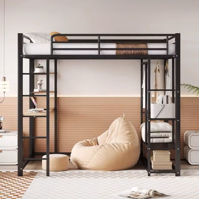 Letto a soppalco in metallo 140x200 nero con scrivania; armadio e ripiani