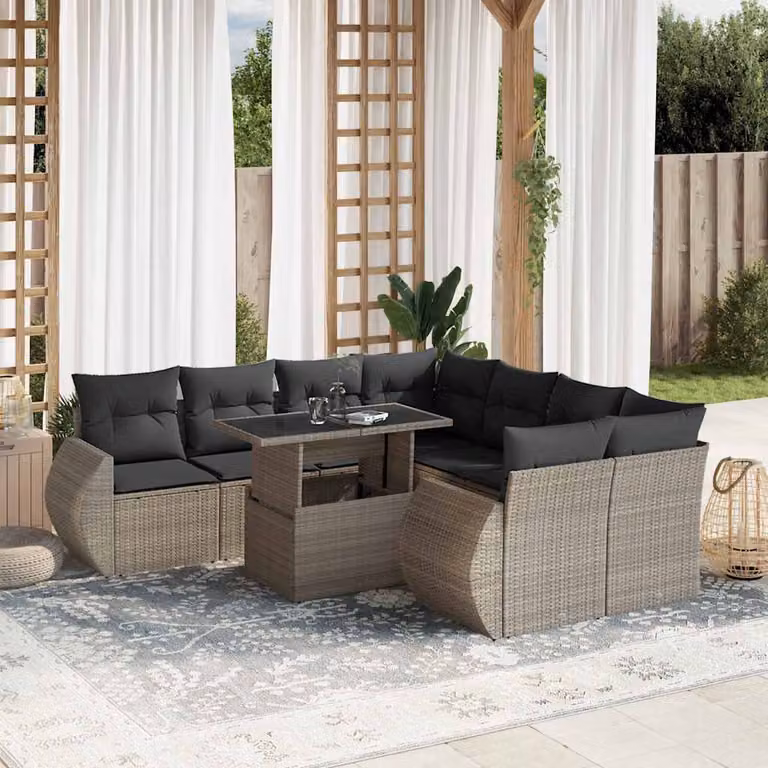 vidaXL Set Divano da Giardino a L 9pz in Polyrattan Grigio Antracite con Cuscini Imbottiti e Tavolino
