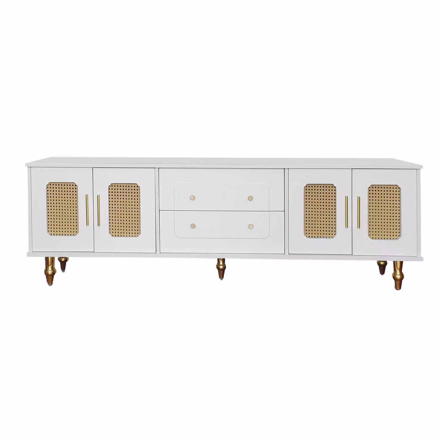 Mobiletto Porta TV Retro GL Store Bianco con Porte in Rattan e Gambe in Metallo, L 175 cm x P 38 cm x H 55,5 cm – 2