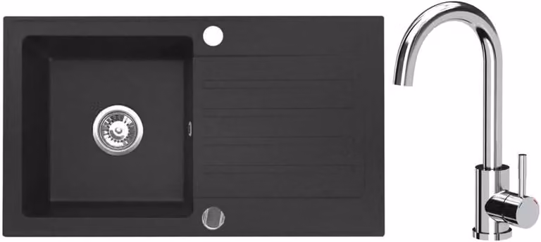 VBChome Lavello in granito 76 x 44 cm Nero con rubinetto Lavello da incasso a vasca singola Reversibile Speckled Lavello di facile manutenzione con sifone
