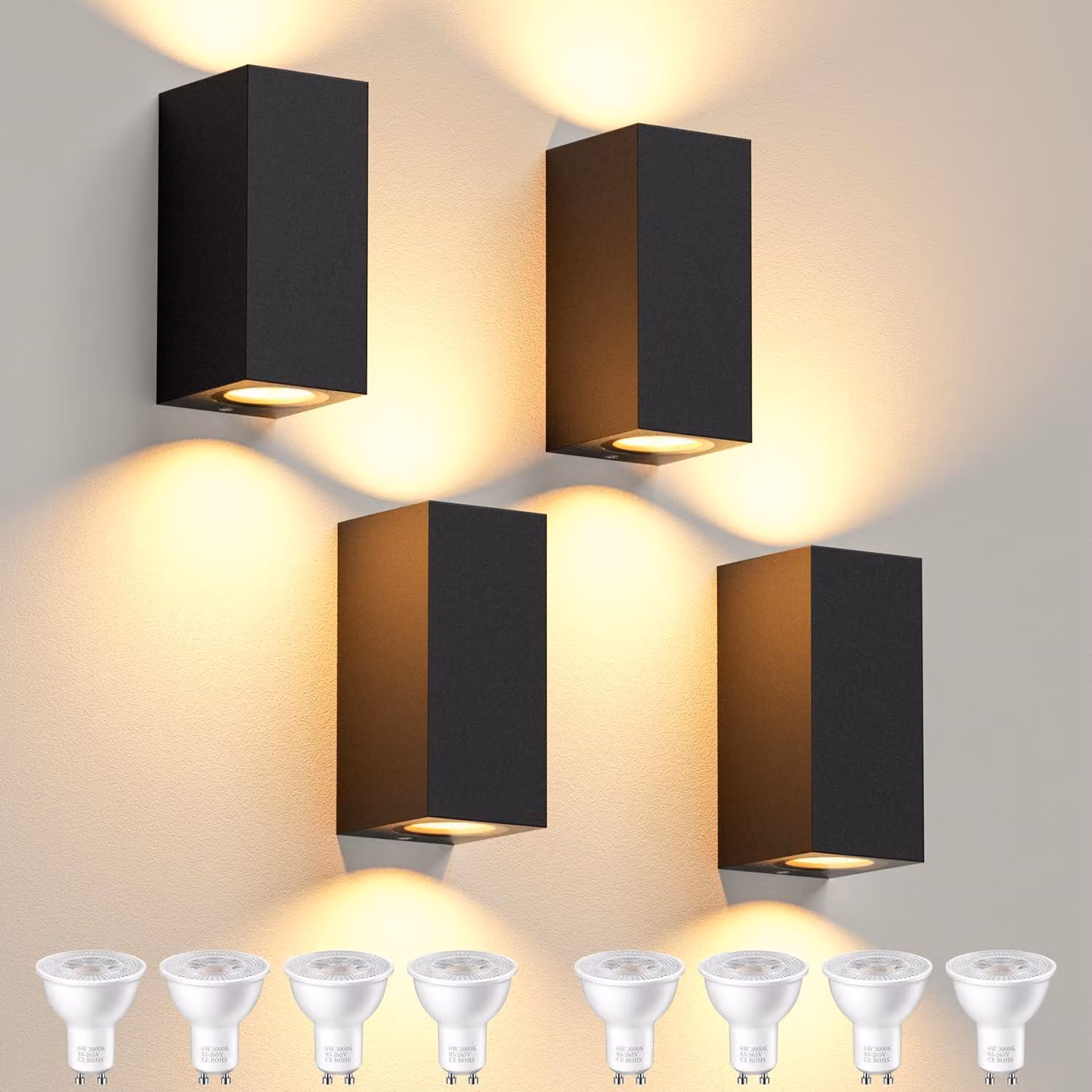 Set di 4 applique da parete, grado di protezione IP65, 10 W, luce bianca calda 3000 K, alluminio, attacco GU10