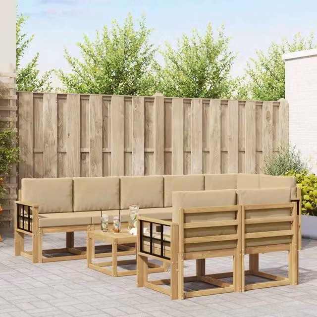 Set di divani da esterno a L con tavolino vidaXL, 9 pezzi in legno di acacia e tessuto bianco e beige – 1