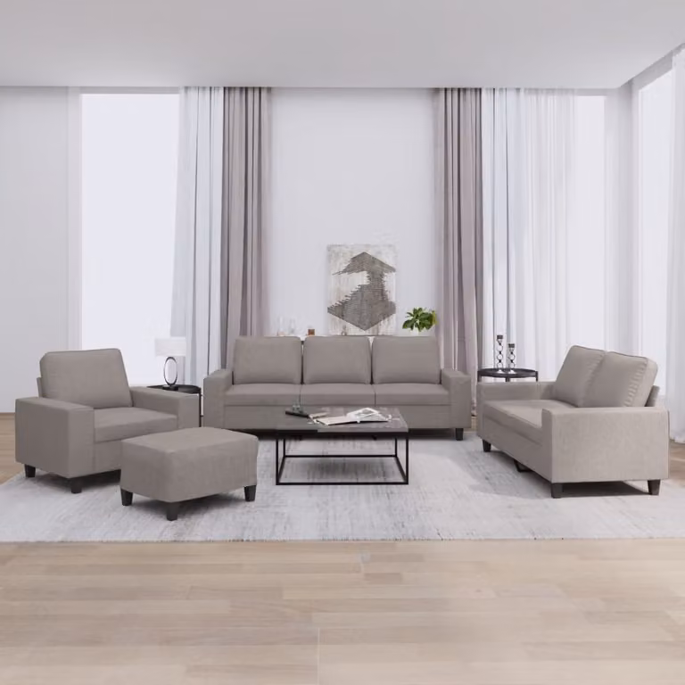 Set di divani moderno vidaXL in tessuto beige e grigio composto da divano a 3 posti, divano a 2 posti e pouf con cuscini coordinati
