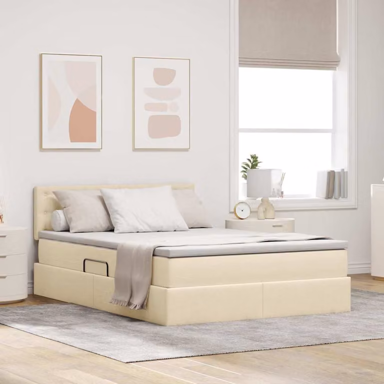Letto con contenitore e materasso ibrido vidaXL in velluto beige, L/P/H: 140 x 200 x 88 cm