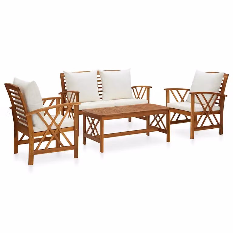 Set da giardino vidaXL in legno di acacia oliato composto da 4 pezzi con cuscini bianchi e tavolino da esterno