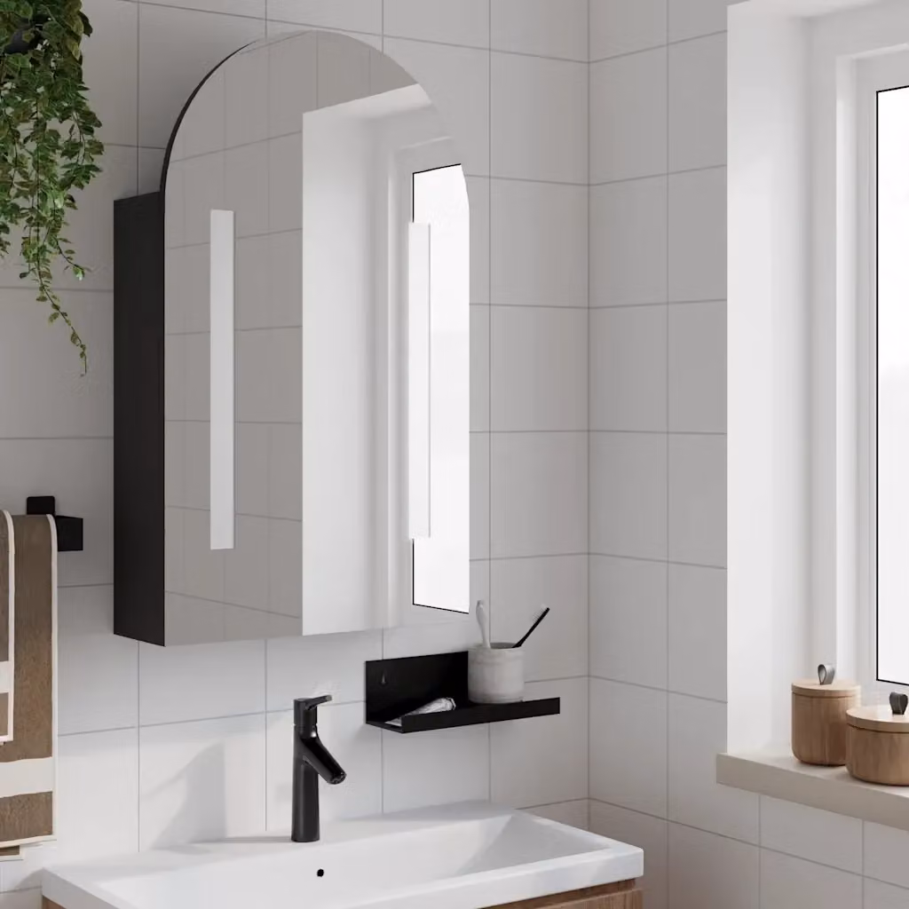 Armadietto da bagno con specchio ad arco e illuminazione LED vidaXL, Nero, L: 42 cm, P: 13 cm, H: 70 cm – 2