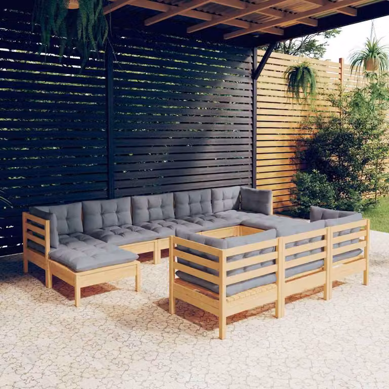 Set di divani da giardino vidaXL in legno massello di pino con cuscini grigi, design moderno a forma di L con elementi angolari e pouf, 10 pezzi
