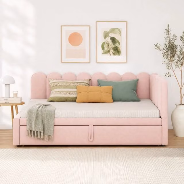 Divano letto multifunzione a L in velluto rosa 90x200 cm con letto estraibile 180x200 cm, salvaspazio per bambini e ospiti