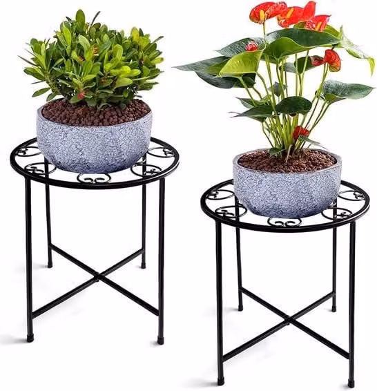 Set di due sostegni per piante moderni in acciaio inossidabile 10" rotondi per esterno - Sostegno per fiori decorativo nero - Sostegno per piante alta 15