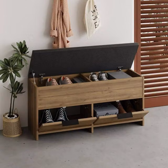 Scarpiera DMORA Tapah con seduta integrata, colore Marrone Quercia, capacità 8 paia di scarpe, L: 106 cm, P: 34 cm, H: 50 cm