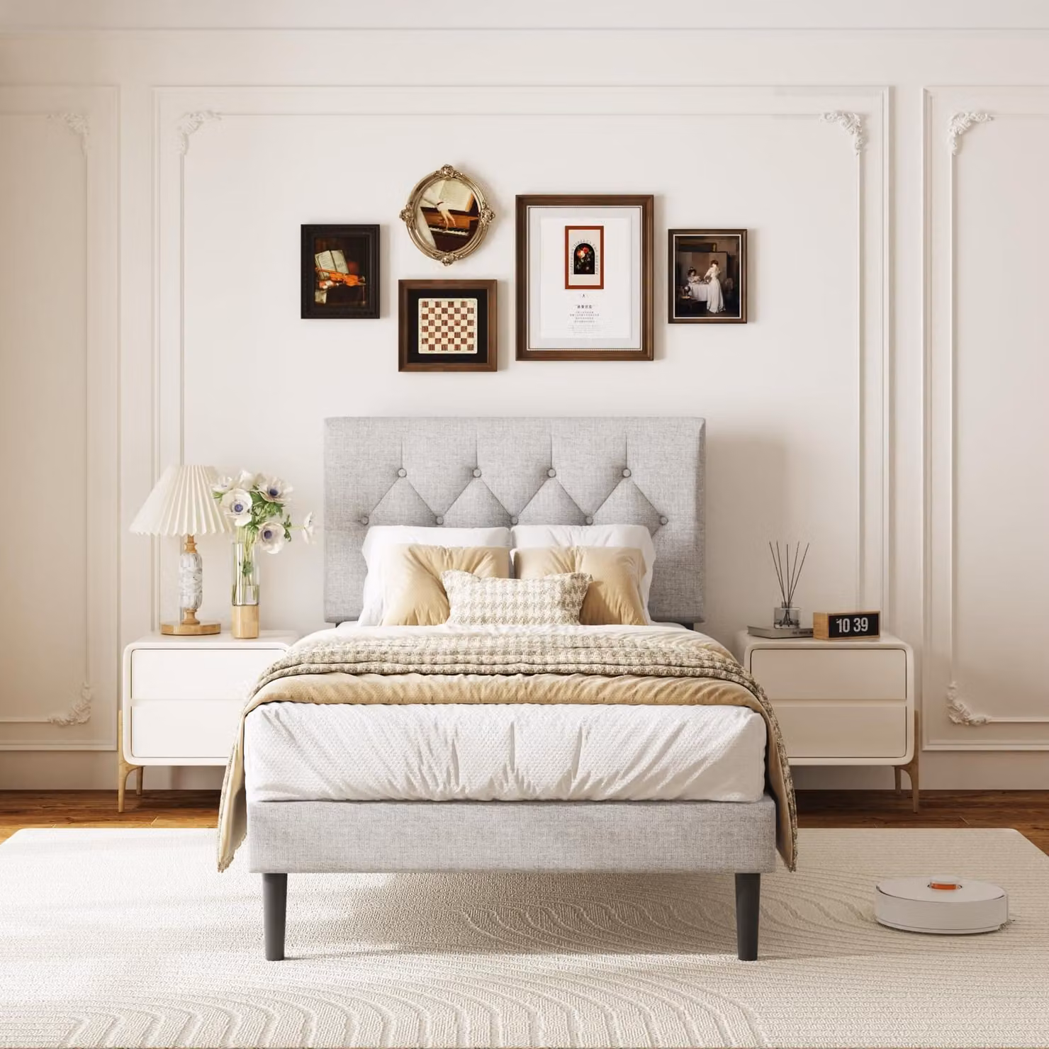 Letto singolo imbottito, dimensioni 90x200 cm, con rete a doghe, testiera, colore grigio