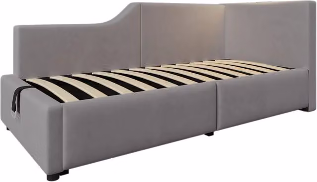 Letto Daybed in velluto grigio 90x190 cm con contenitore idraulico, luce da lettura e porta USB-C, struttura in legno con rete a doghe