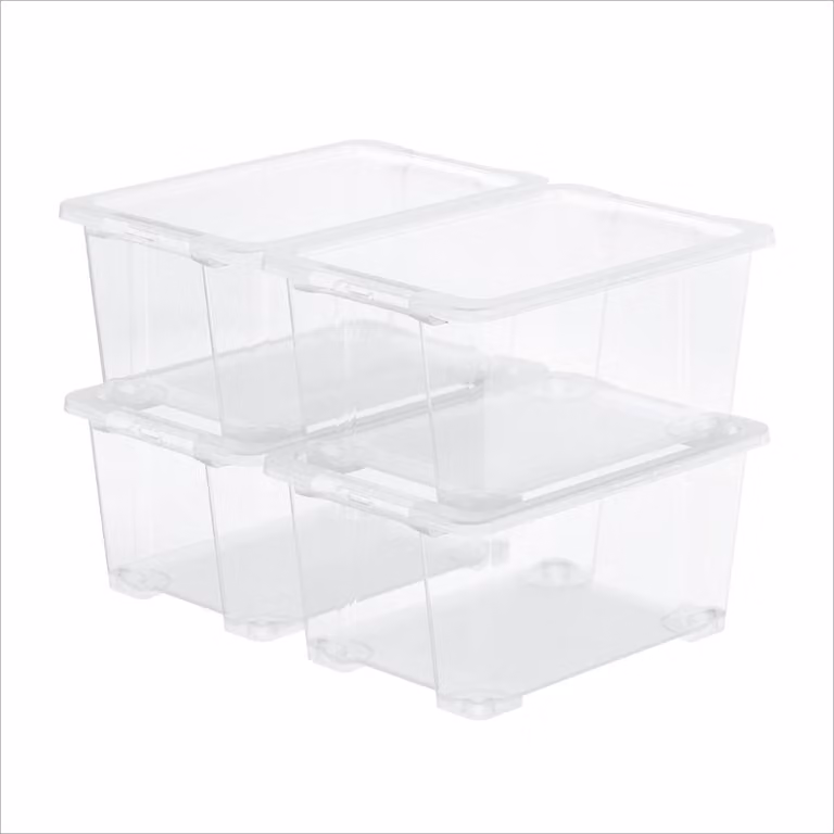 Set da 4 contenitori Rotho CORE BASIC, capacità 44 litri – dimensioni 58,3 x 39,2 x 27,7 cm – contenitori in plastica trasparente con coperchio, impilabili, ideali per la conservazione in cantina e garage