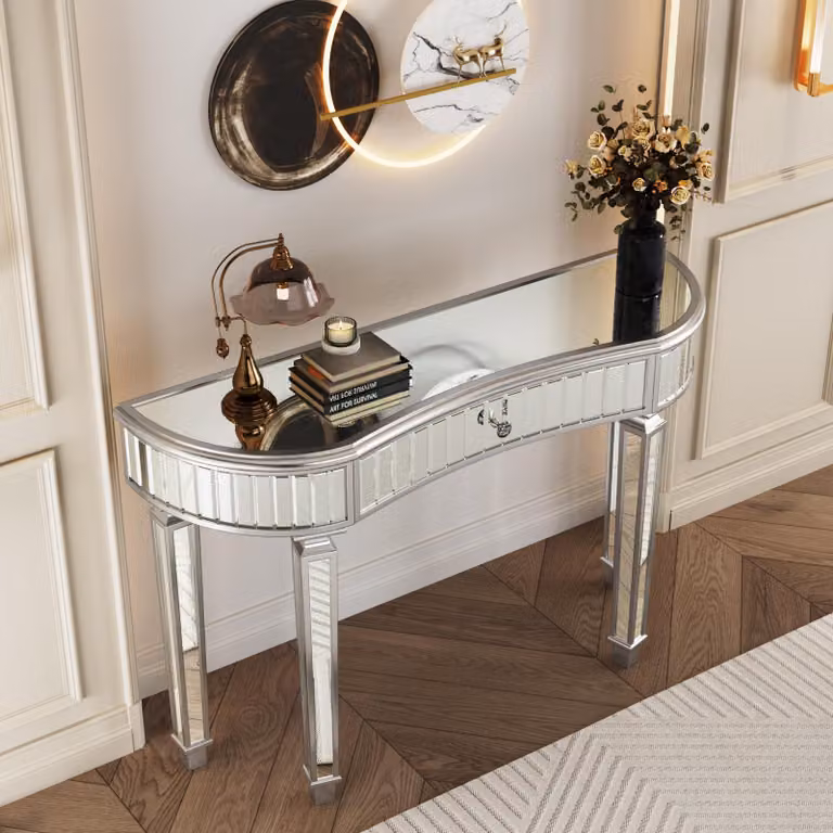 okwish tavolo da toilette a forma di mezza luna consolle con specchio e cassetto con pomello in cristallo, tavolo da toilette a specchio con struttura in legno duro e angoli arrotondati, argento