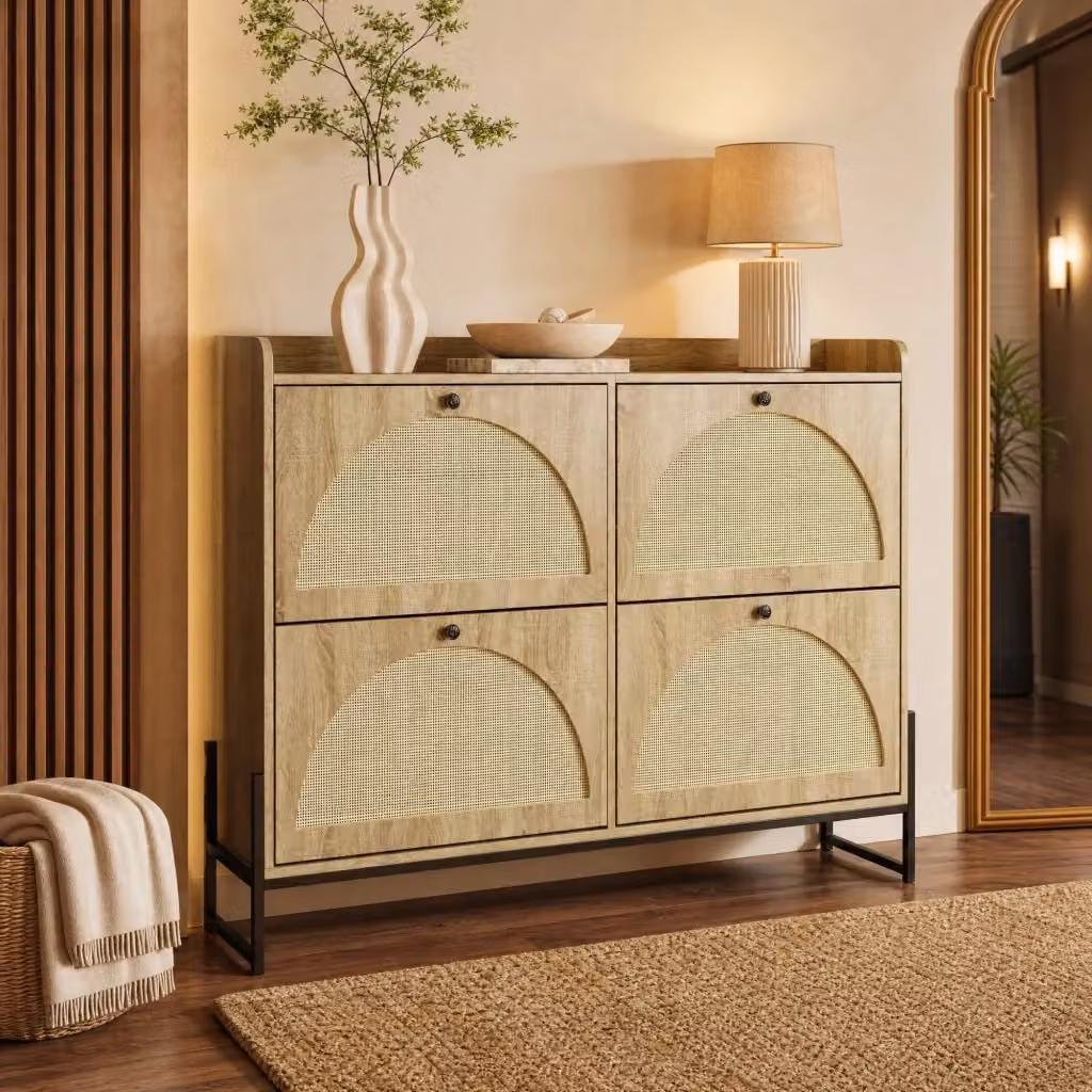 Scarpiera moderna REDOM con ante in rattan e dettagli oro, L: 121 cm, P: 25 cm, H: 91,5 cm – 2