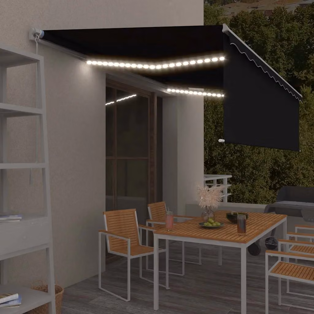 vidaXL Tenda Sole Retrattile Manuale con LED in Alluminio e Poliestere, Colore Antracite e Bianco, L: 500 cm, P: 300 cm