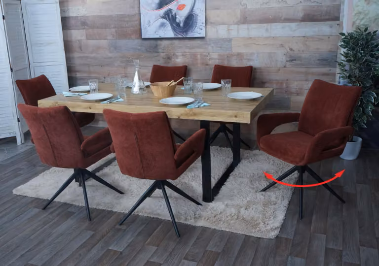 Set di 6 sedie da pranzo modello HWC-O78, sedia da cucina, girevole con sistema di ritorno automatico, rivestita in tessuto chenille (310g/m²), colore rosso-marrone
