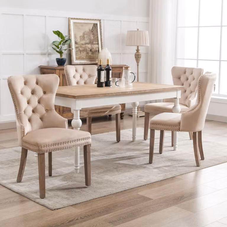 Set di 4 sedie da pranzo Flieks, sedia da cucina con gambe in legno massiccio e anello di trazione, sedia da pranzo imbottita con rivestimento in velluto, beige