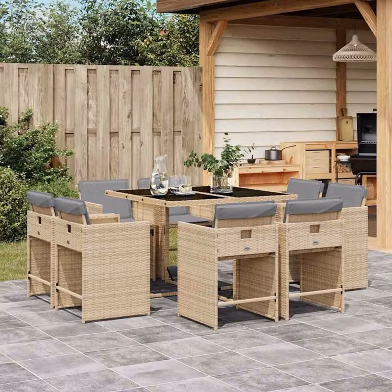 Set Pranzo da Giardino vidaXL 9 pz in Polyrattan con Cuscini Beige Misto e Piano in Vetro