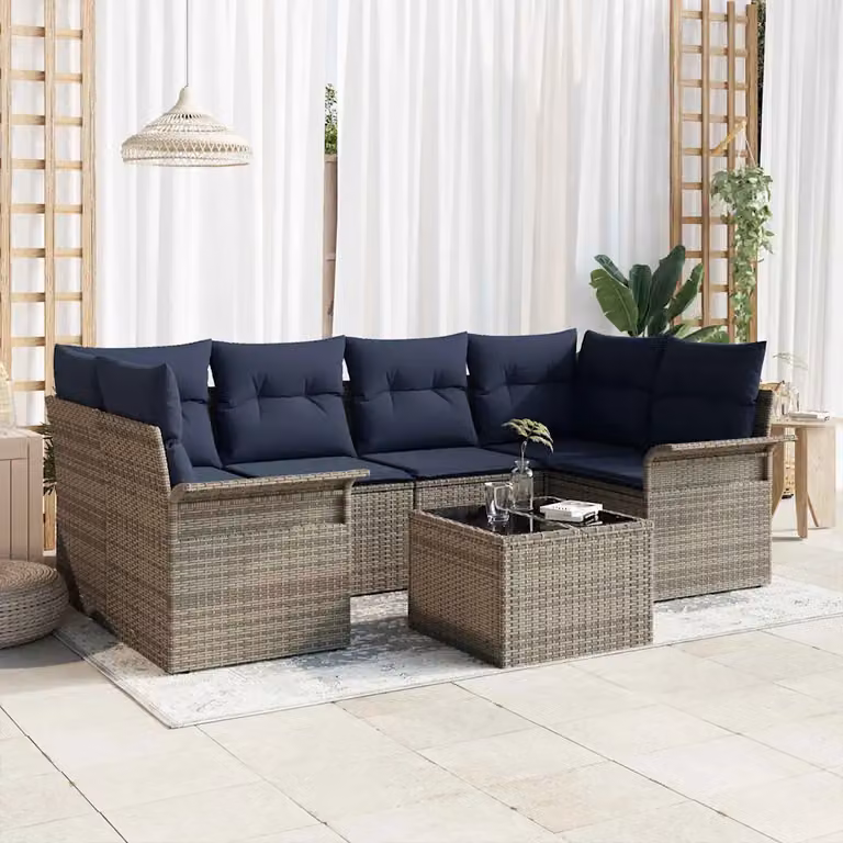 Set Divano da Giardino vidaXL 7 Pezzi a Forma di U con Tavolino, Colore Grigio e Blu Navy, Struttura in Metallo e Polyrattan con Cuscini Inclusi