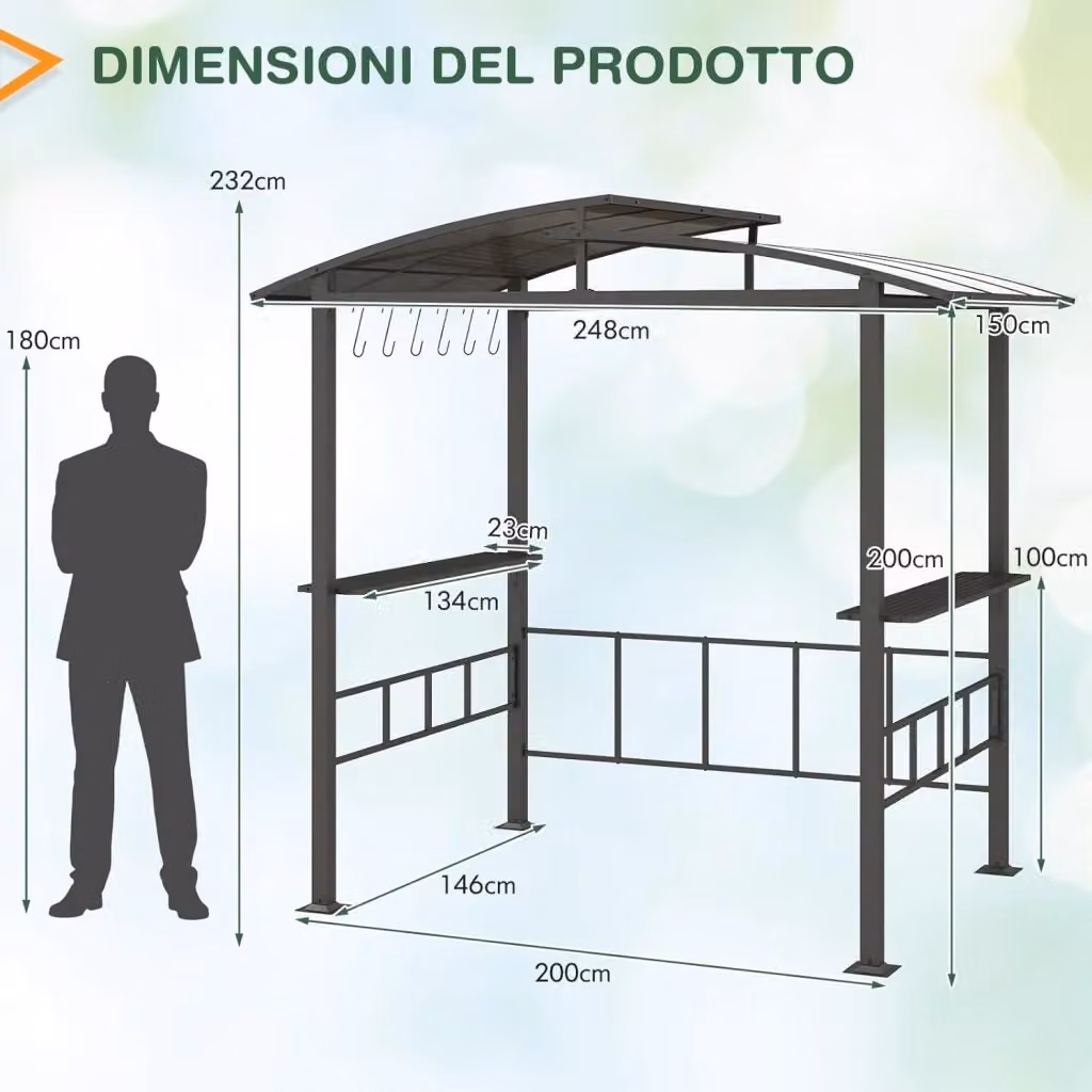 Gazebo Barbecue COSTWAY Nero con Struttura in Metallo e Tetto in Policarbonato Ventilato, L/P/H: 248 x 150 x 232 cm – 2