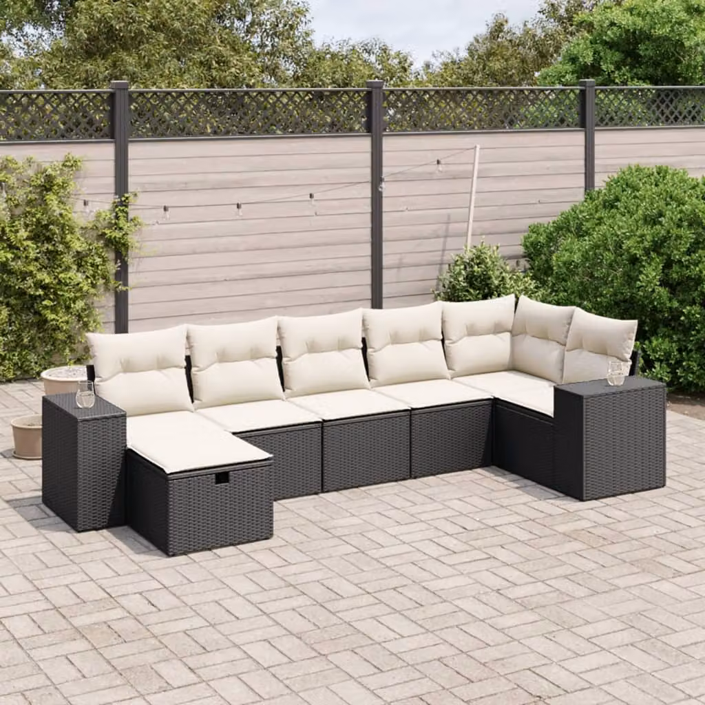 vidaXL Set Divano da Giardino a L con 7 Cuscini, Struttura in Metallo e Polyrattan Nero – 1