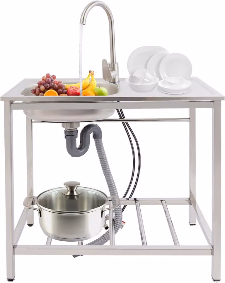 Lavello in acciaio inossidabile, autoportante, dimensioni 75 x 40 x 75 cm, completo di rubinetto e ripiano, ideale per cucine all'aperto