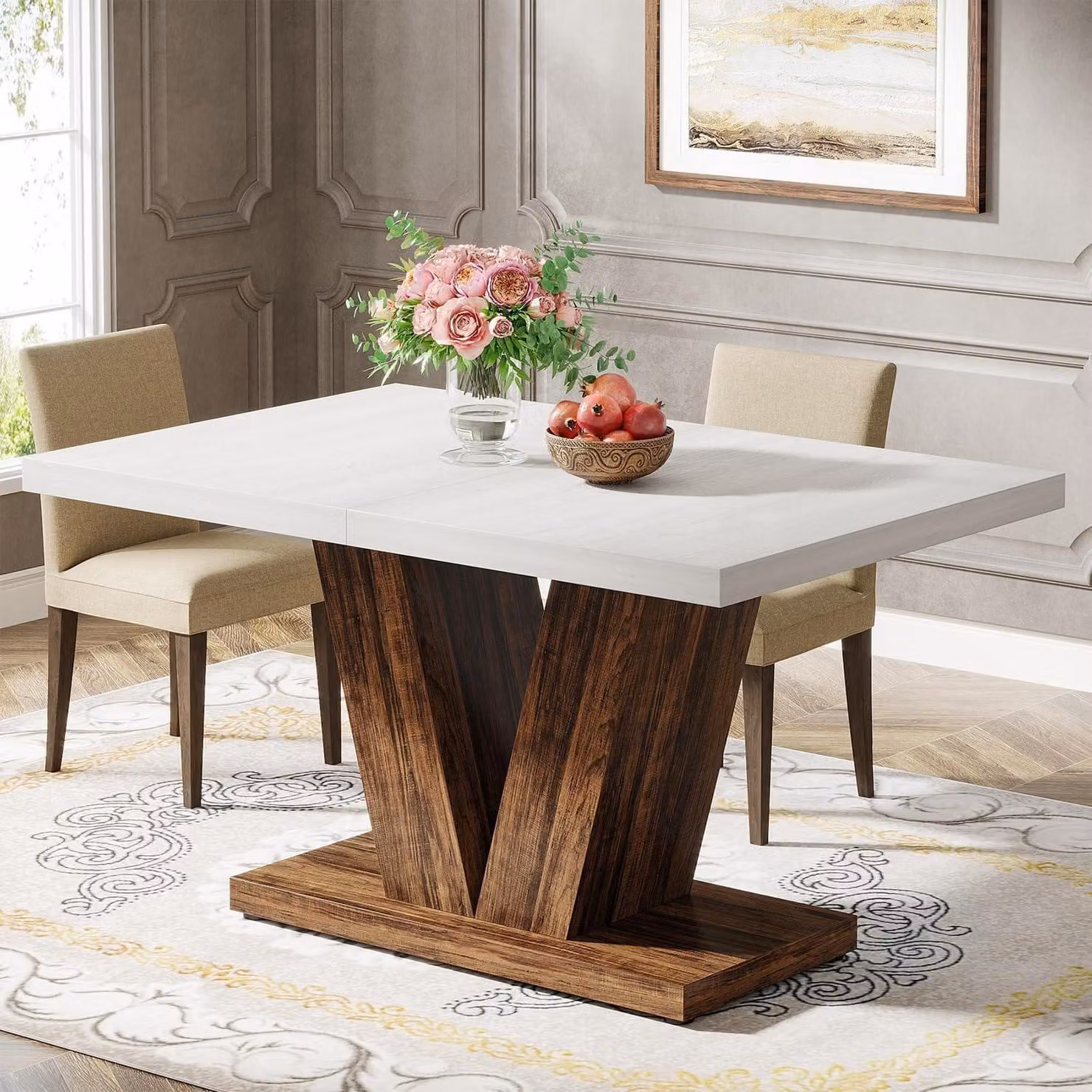 Tavolo da pranzo per 4 persone, dimensioni 120x80 cm, bianco/effetto legno di quercia, stile rustico