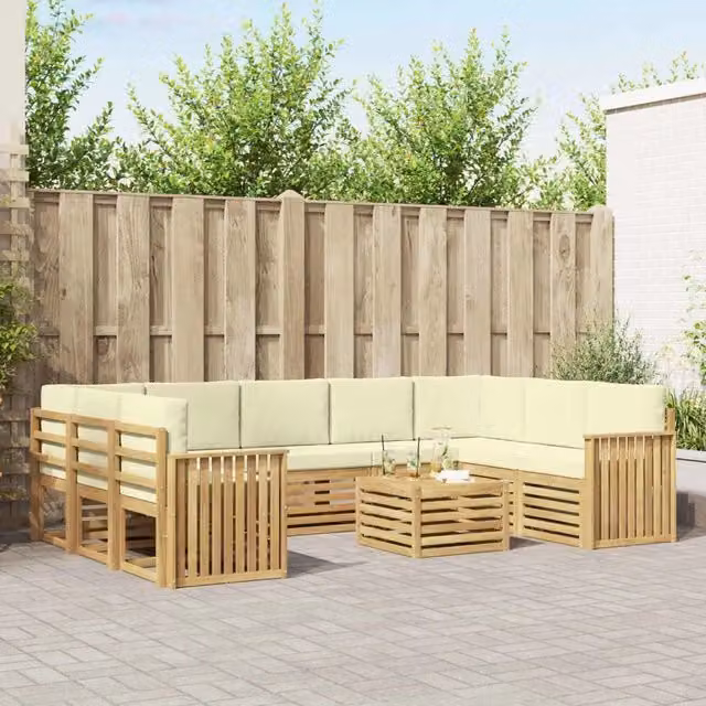 Set di divani da esterno a L con tavolino vidaXL in legno di acacia, colore bianco e beige, comprensivo di cuscini in poliestere resistente ai raggi UV – 1