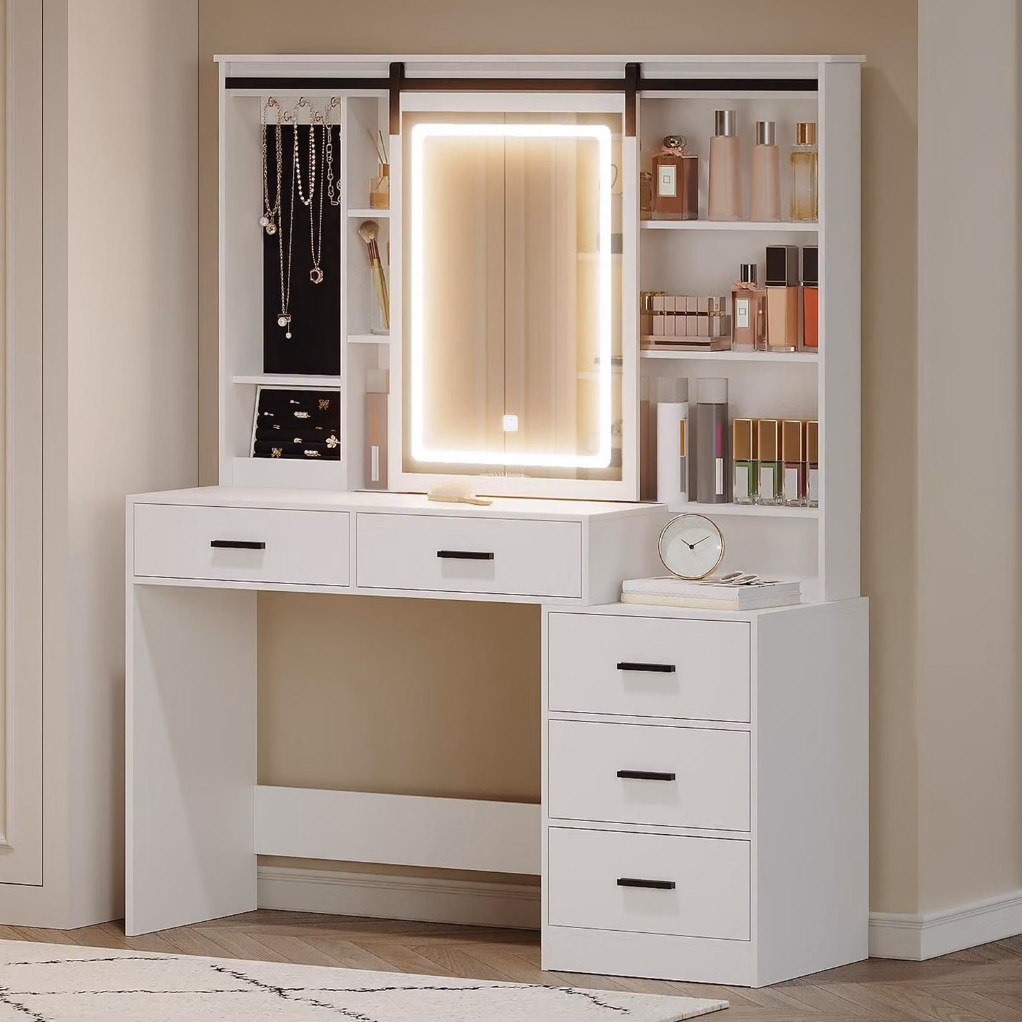 Comò da trucco con illuminazione a LED, grande specchio, contenitore per gioielli, 5 cassetti, tavolino laterale, bianco
