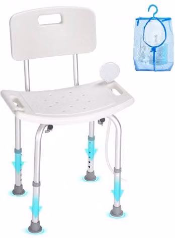 Sgabello per doccia VEVOR con schienale e altezza regolabile 390-520 mm, sedia da bagno antiscivolo in alluminio e plastica, colore bianco, portata massima 158,8 kg