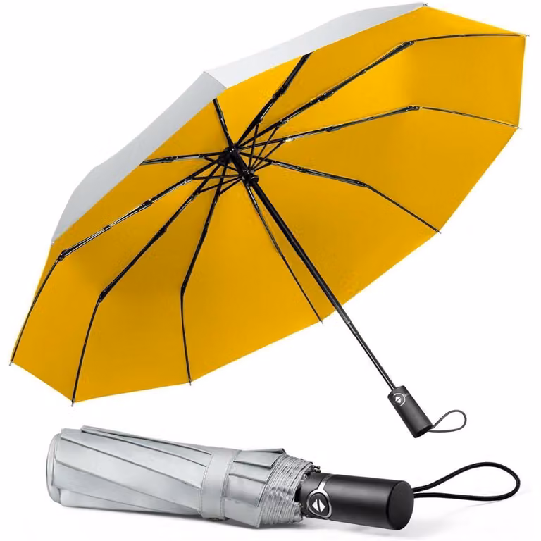 Ombrello tascabile resistente al vento, con 10 stecche, antivento, automatico, compatto, giallo e argento, 104 cm