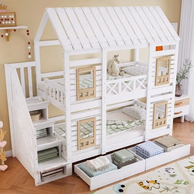 Letto a castello OKWISH per bambini in legno e MDF, design a casetta con finestre, 2 cassetti e scala con 4 vani, colore bianco naturale, L/P/H: 200 x 90 x 230 cm