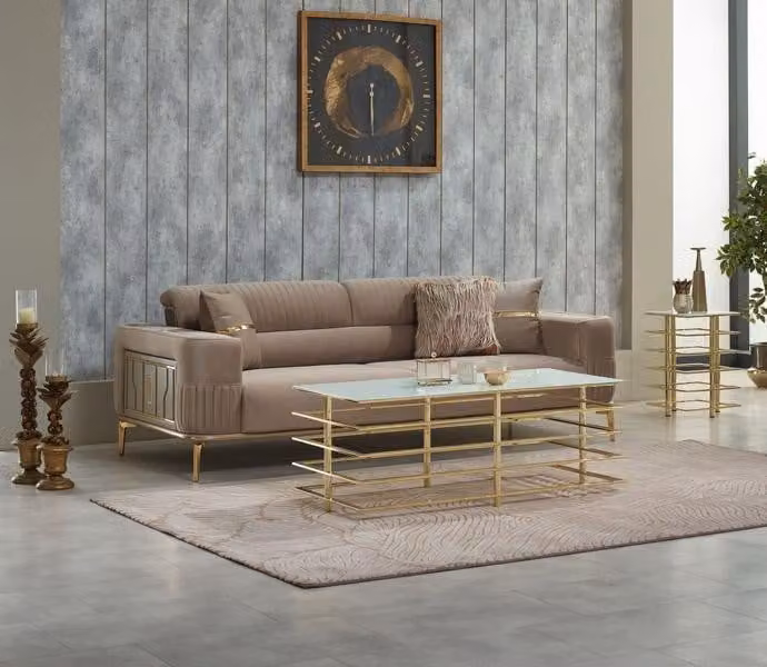 Luxus Dreisitzer Sofa 3 Sitzer Stoffsofa Polstersofa Beige Couch