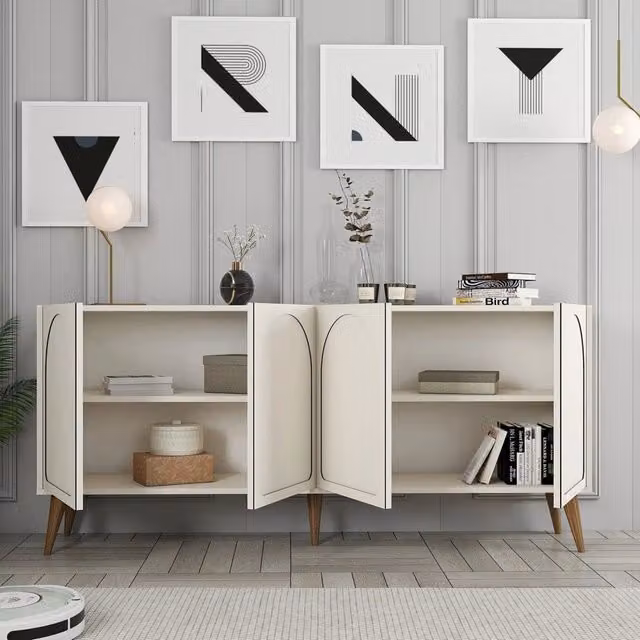 Madia Niscemi DMORA per cucina e soggiorno, design moderno, L/P/H: 180 x 35 x 81 cm, Bianco e Beige