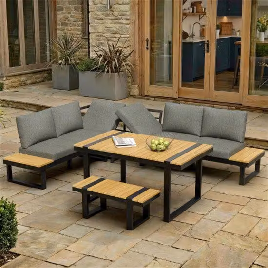 Set di mobili da giardino, modello ad angolo, con funzione di inclinazione regolabile (5 posizioni, fino a 55°), tubi in acciaio zincato, tavolo in materiale plastico effetto legno, include tavolo da pranzo, panca e divano, colore grigio e nero