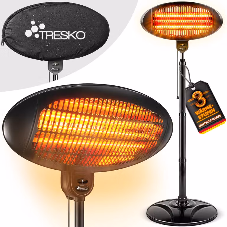 TRESKO riscaldatore a infrarossi da piedistallo 2000W con copertura | riscaldatore elettrico da terrazza con 3 impostazioni di calore | riscaldatore da terrazza per interni ed esterni | riscaldatore a infrarossi con display a LED