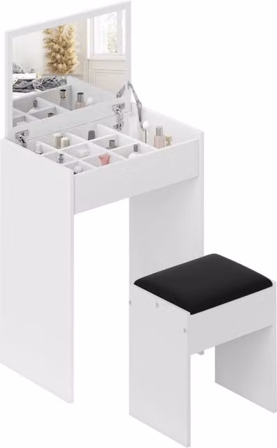 Scrivania da trucco Minimal con specchio richiudibile e sgabello, colore bianco, in MDF laccato, L: 60.2 cm, P: 40.2 cm, H: 79 cm