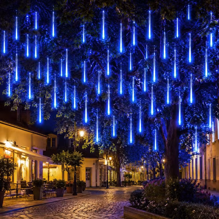 Pioggia di meteoriti, catena luminosa con 8 luci, effetto neve, luci natalizie, decorazioni per Natale, Halloween, matrimonio, colore blu, 30 cm, 192 LED