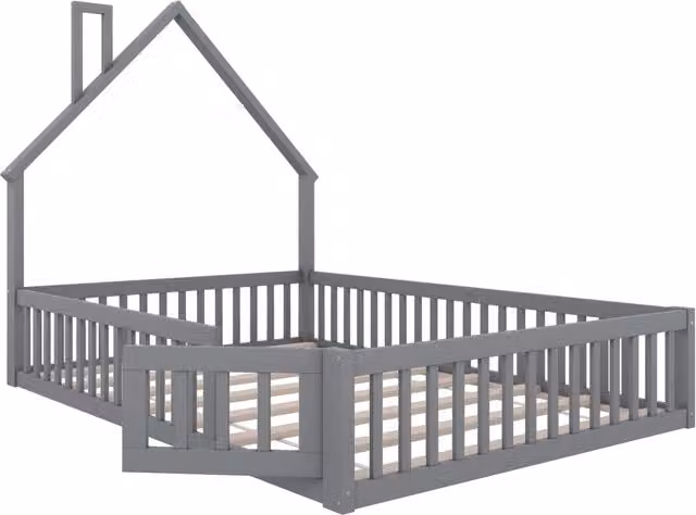 Letto per bambini 140x200 cm a forma di camino in legno di pino con doghe, colore grigio